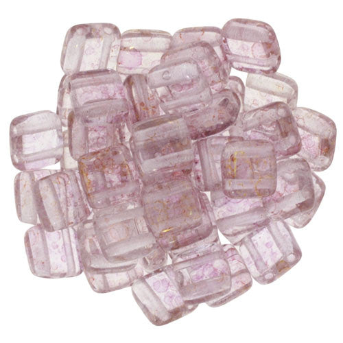 Czechmate 6mm Square Glass Czech Two Hole Tile Bead - Luster Transparent Topaz/Pink