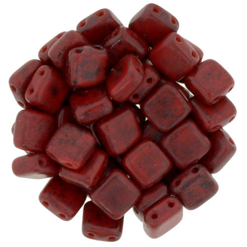 6mm Two Hole Tile- Red Picasso - Capital City Beads