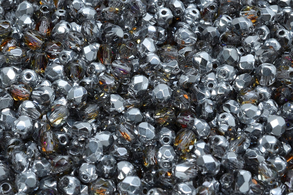 4mm Czech Fire Polish Beads, Crystal Helio, 50 Pieces